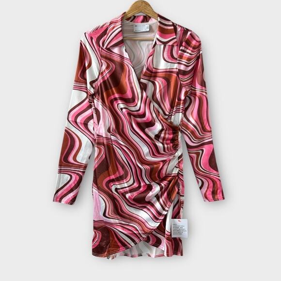 ASOS Design Sexy Swirl Long Sleeve Mini Shirt Dress Pink US 6 NWT - Picture 1 of 7